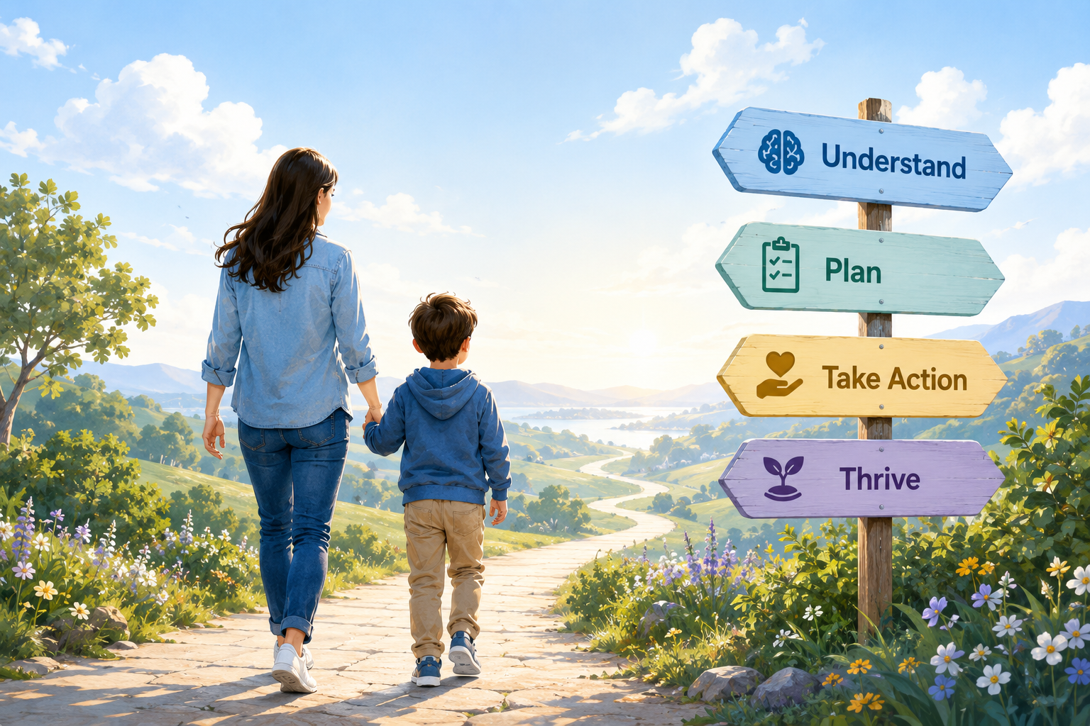 Parent and child walking along a path with signs representing understanding, planning, action, and thriving